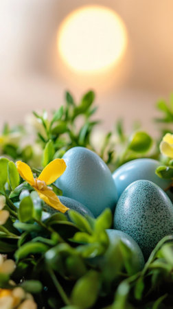 A nest filled with beautiful blue eggs surrounded by vibrant yellow flowers and fresh greenery. This spring arrangement captures the essence of seasonal festivities and renewal.の素材