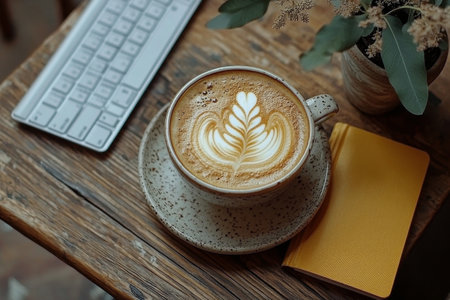 A beautifully crafted latte with intricate leaf art rests on a speckled cup atop a wooden table. Nearby, a yellow notebook and a computer keyboard are visible, suggesting a cozy workspace.の素材