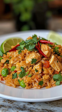 A vibrant plate of chicken fried rice garnished with fresh herbs, peppers, and lime slices is served at a bustling restaurant, showing colorful ingredients and inviting aromas.の素材