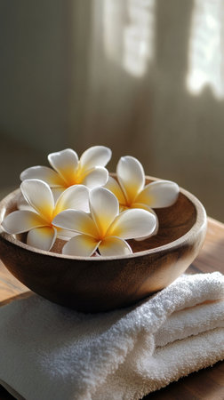 A serene spa scene features a wooden bowl filled with vibrant tropical flowers, accompanied by soft white towels. Natural light highlights the fresh, calming ambiance.の素材