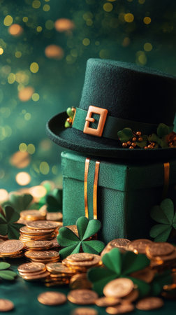 Festive green decoration features a felt hat, gifts wrapped in shiny paper, chocolate coins, and clovers. This vibrant arrangement celebrates a joyful occasion in a lively setting.の素材