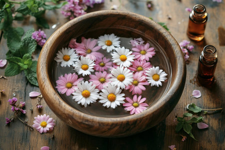 A wooden bowl filled with water holds delicate pink and white flowers, surrounded by fresh herbs and small bottles of essential oil on a rustic wooden surface.の素材