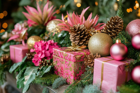 A colorful display of holiday decorations featuring wrapped gifts, vibrant ornaments, and floral arrangements. The setting creates a joyful atmosphere suitable for seasonal celebrations.の素材