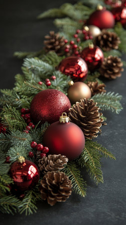 Colorful holiday decoration is displayed with shiny red ornaments and natural pinecones, creating a festive atmosphere perfect for celebrating the winter season and Christmas festivities.の素材