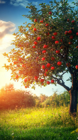 Sunlight casts a warm glow over an orchard with a vibrant apple tree full of ripe red fruit. The scene captures the beauty of nature during the golden hour.の素材