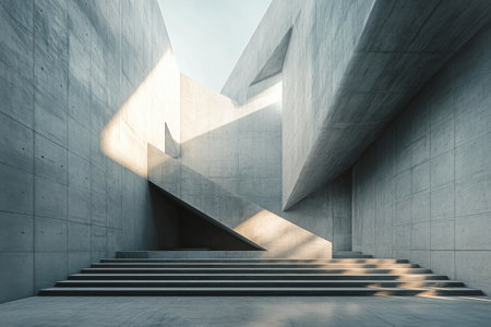 Angular concrete staircases create a striking architectural feature within an expansive, minimalist space illuminated by natural light. The geometric forms enhance visual interest.の素材