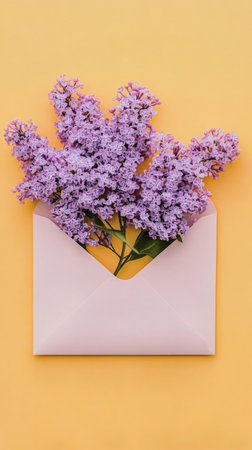 A white envelope is open, revealing a cluster of vibrant lilac flowers inside. The soft yellow background highlights the delicate petals, creating a fresh and inviting atmosphere.の素材