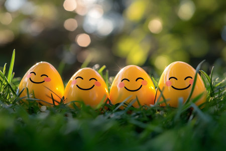 Three cheerful yellow eggs with smiling faces sit together on lush green grass in a bright garden, capturing the spirit of joy and celebration during spring.の素材