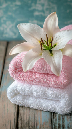 A stack of soft pink towels lies neatly on a weathered wooden table, accompanied by a delicate pink lily. The tranquil setup evokes a sense of calm and invites relaxation.の素材