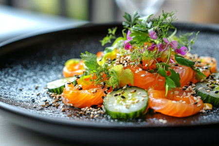 Colorful citrus salmon salad features sliced salmon, cucumber, and vibrant herbs. This dish is beautifully arranged, showcasing fresh ingredients in an elegant presentation.の素材