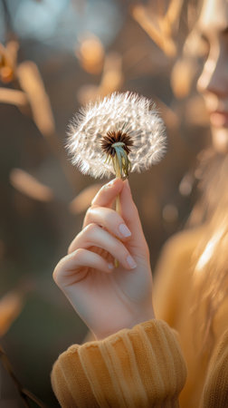 A person gently holds a dandelion seed head, illuminated by soft light coming through a window. The background is softly blurred, enhancing the delicate beauty of the moment.の素材