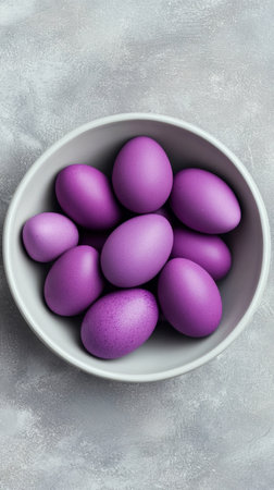 A collection of purple eggs is displayed in a round bowl. The eggs vary in size and shade, creating a vibrant centerpiece suitable for spring or holiday festivities.の素材