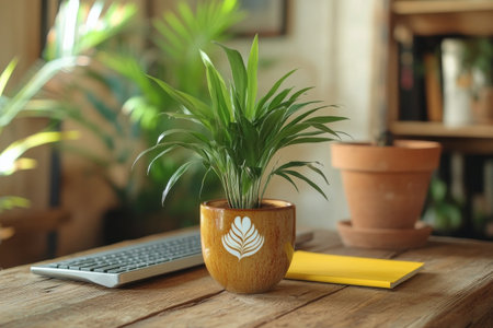 A small green plant is placed in a stylish pot on a wooden desk. Next to it lies a keyboard and a yellow notebook, creating a serene workspace in a well lit room with plants.の素材