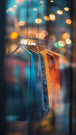 Colorful garments hang attractively in a shop window, illuminated by city lights at dusk. The vibrant designs capture the attention of passersby in a bustling urban environment.の素材
