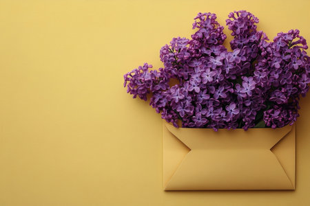Fresh lilac flowers are arranged artistically in a yellow envelope on a vibrant yellow background. This composition creates a cheerful and inviting atmosphere, perfect for spring.の素材