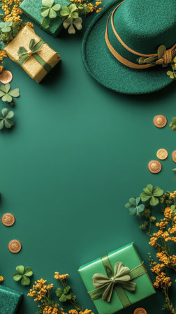 Festive green decoration features a felt hat, gifts wrapped in shiny paper, chocolate coins, and clovers. This vibrant arrangement celebrates a joyful occasion in a lively setting.の素材