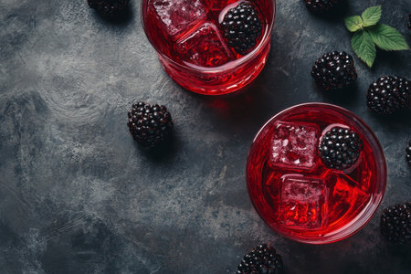 Two glasses filled with a vibrant blackberry cocktail sit on a dark surface surrounded by ice cubes and fresh blackberries. The beverage is cold, inviting, and perfect for a summer day.の素材