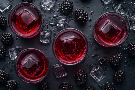 Two glasses filled with a vibrant blackberry cocktail sit on a dark surface surrounded by ice cubes and fresh blackberries. The beverage is cold, inviting, and perfect for a summer day.の素材