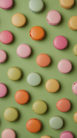 Delightful macarons in pastel colors are neatly arranged on a vibrant green background, creating an eye catching display. These sweet treats come in shades of pink, yellow, and green.の素材