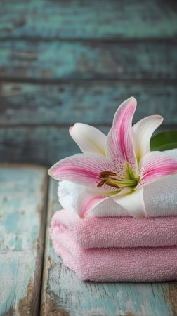 A stack of soft pink towels lies neatly on a weathered wooden table, accompanied by a delicate pink lily. The tranquil setup evokes a sense of calm and invites relaxation.の素材