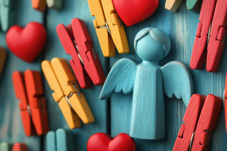 Colorful wooden clips are arranged in rows next to vibrant heart shapes, with a small angel figurine placed in between.の素材