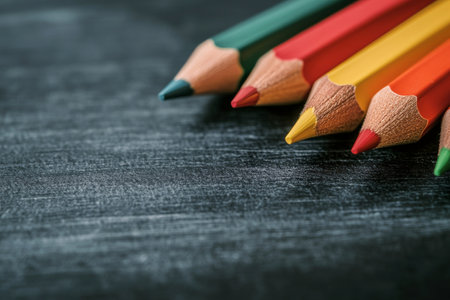 A row of vibrant colored pencils showcases a range of hues from red to green, perfect for drawing, coloring, or creative projects. The dark background enhances their bright colors.の素材