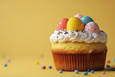 A festive cake topped with pastel colored eggs and sprinkles sits against a bright yellow background. This dessert reflects cheerful celebration vibes for a holiday gathering.の素材