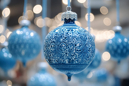 Handcrafted blue and white ornaments with intricate patterns create a charming holiday atmosphere. They are suspended gracefully, capturing light and adding elegance to the decor.の素材