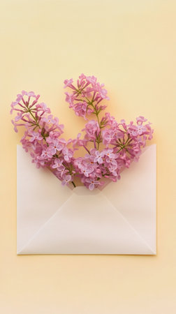 A white envelope is open, revealing a cluster of vibrant lilac flowers inside. The soft yellow background highlights the delicate petals, creating a fresh and inviting atmosphere.の素材