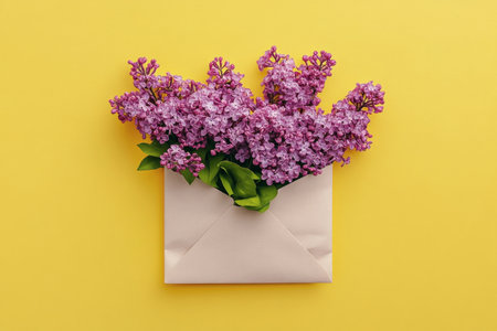 Fresh lilac flowers are arranged artistically in a yellow envelope on a vibrant yellow background. This composition creates a cheerful and inviting atmosphere, perfect for spring.の素材