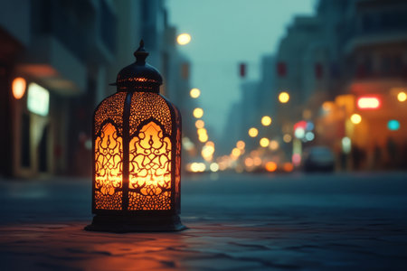 A decorative lantern casts a warm glow on a city sidewalk as twilight settles. The background features a blurred skyline, creating a serene urban ambiance.の素材