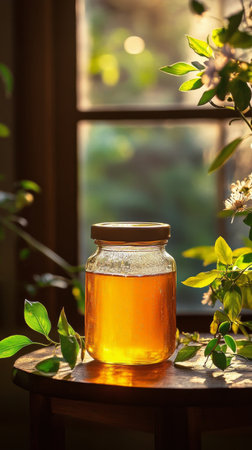 Sunlight pours through a window, casting a warm glow on a jar of honey surrounded by fresh green leaves and delicate flowers. The serene atmosphere invites a sense of tranquility.の素材