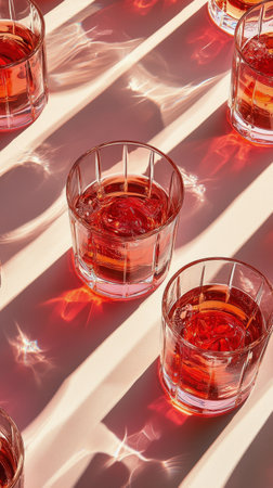 Several glasses filled with vibrant red beverages are placed on a striped surface, creating beautiful reflections and patterns in the sunlight, enhancing the inviting atmosphere.の素材
