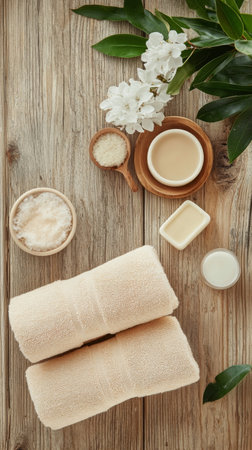 A serene spa arrangement featuring natural soap on a wooden tray, accompanied by fluffy towels and aromatic herbs, inviting relaxation and self care.の素材