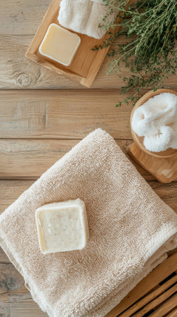 A serene spa arrangement featuring natural soap on a wooden tray, accompanied by fluffy towels and aromatic herbs, inviting relaxation and self care.の素材