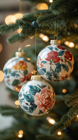Delicate ornaments featuring floral designs dangle from a green Christmas tree. Soft warm lights illuminate the decorations, creating a cozy atmosphere for the holiday season.の素材