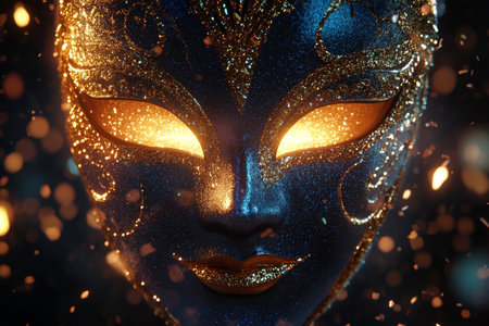 Close up of a captivating figure wearing a purple mask covered in sparkles, exuding an air of mystery. The unique design and glimmering details create a magical atmosphere during a festive evening.の素材