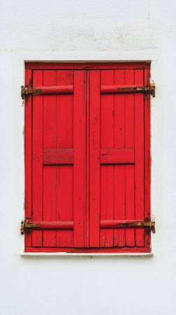 Bright red wooden shutters with horizontal slats are mounted on a white wall, creating a striking contrast in a sunny outdoor environment. The shutters add a vibrant pop of color.の素材