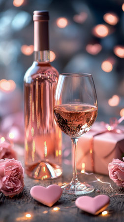 Two elegant glasses filled with sparkling ros are placed beside a bottle and festive pink gifts. Soft lights create a warm atmosphere for a celebration or gathering with friends.の素材