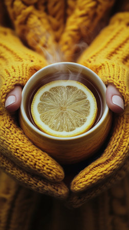 Hands hold gently a bowl of lemon tea, featuring a lemon slice on top. The bright yellow sweater adds a cozy warmth to a relaxing moment enjoyed indoors, perfect for cooler days.の素材