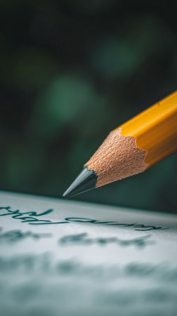 A sharpened yellow pencil is positioned on a dark surface, emphasizing its fine point and inviting creativity. This setup creates a perfect atmosphere for writing or drawing.の素材