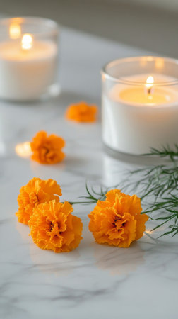 Soft orange flowers are placed in a white pot, surrounded by glowing candles on a table. The gentle light and floral decor evoke a warm and inviting ambiance perfect for relaxation.の素材