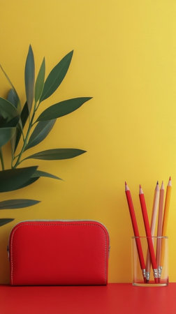 A vibrant workspace features a red wallet placed beside a clear container holding colored pencils. Fresh green leaves add a touch of nature against the bright yellow backdrop.の素材