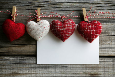 A blank note is held by wooden clothespins on a twine string, flanked by two red fabric hearts. The rustic wooden background adds a warm and inviting touch.の素材