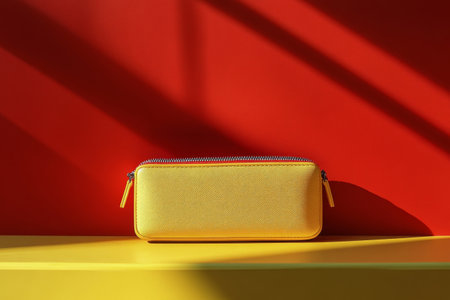 A vibrant yellow bag is displayed on a table with a red backdrop. The sunlight casts shadows, enhancing the colors and creating a striking visual impact.の素材