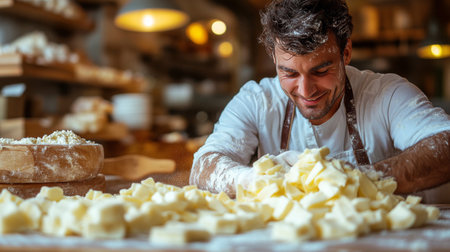 A skilled pastry chef meticulously crafts croissants by arranging fresh butter cubes in a bustling bakery during the morning hours. Flour dusts the countertop, adding to the lively atmosphere.の素材