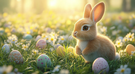 A cheerful bunny smiles while surrounded by vibrant Easter eggs and blooming flowers in a lush green garden. The sun shines brightly, enhancing the lively spring atmosphere.の素材