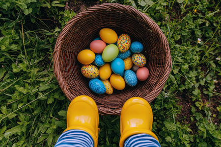 A young child stands in a lush green garden, cradling a woven basket filled with vibrant Easter eggs in various colors. Bright yellow rain boots stand out against the grass.の素材
