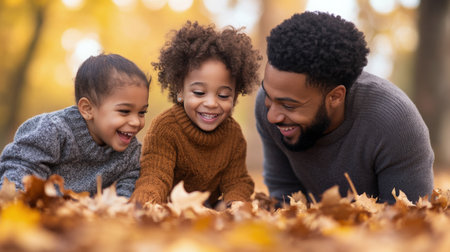 Two children laugh and explore colorful leaves on the ground while a smiling adult engages with them in a serene park during autumn. The vibrant foliage enhances the joyful atmosphere.の素材