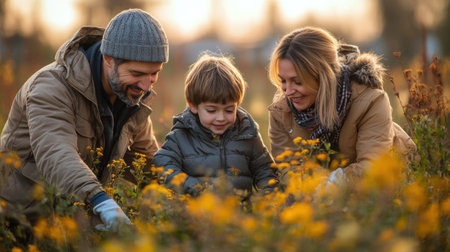 Two children are actively exploring a forest environment in autumn. One child, wearing a bright yellow jacket, smiles at the camera while the other observes nearby.の素材